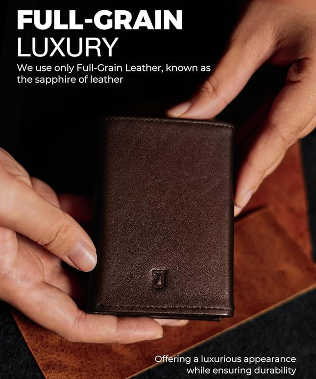 Taurus Smart Wallet For Men: Full Grain Leather, Handcrafted, Slide Metal Pop Up Case, Slim RFID Blocking Credit Card Holder, Minimalist, Compact - 9-12 Cards Organizers | ID | Money Clip (Brown)