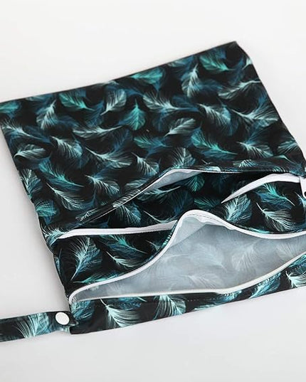 Medium Wet Dry Bag Baby Cloth Diaper Nappy Insert Bag Washable With Two Pockets (Blue Feather)