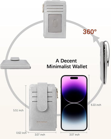 BOSTANTEN Slim Wallet Women RFID Blocking Card Holder Leather Bifold Wallet with Zipper Pocket Silver