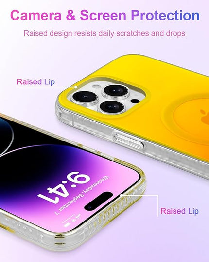 Aesthetic Case for iPhone 14 Pro Max Case for Women Girls, Compatible with Magsafe, Cute Girly Trendy Glitter Sparkly Rainbow Magnetic Protective Phone Cover, Matte Iridescent Yellow & Orange