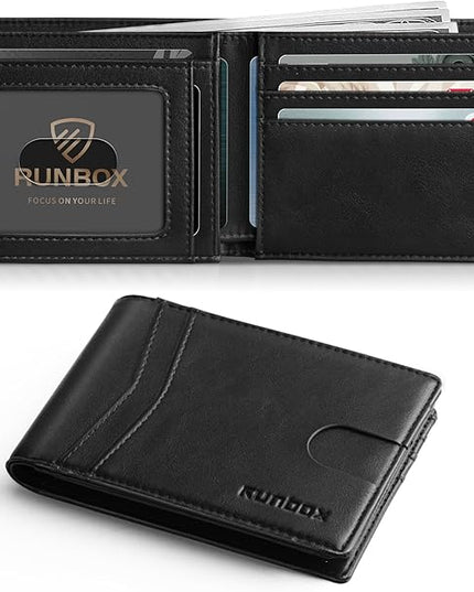 RUNBOX Wallet for Men Slim Leather Bifold RFID Blocking Minimalist Front Pocket Design with Gift Box