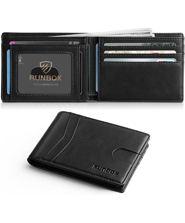 RUNBOX Wallet for Men Slim Leather Bifold RFID Blocking Minimalist Front Pocket Design with Gift Box