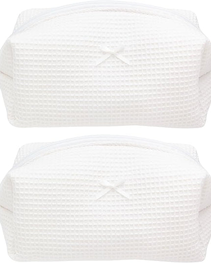 PAZIMIIK 2PCS Cozy Makeup Bag Travel Cosmetic Bag for Women Soft Toiletry Bag Aesthetic Makeup Organizer Portable Large Zipper Pouch for Skincare Beauty Accessories Brushes Waffle Check White