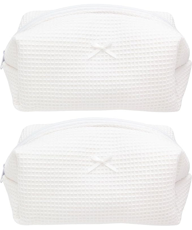 PAZIMIIK 2PCS Cozy Makeup Bag Travel Cosmetic Bag for Women Soft Toiletry Bag Aesthetic Makeup Organizer Portable Large Zipper Pouch for Skincare Beauty Accessories Brushes Waffle Check White