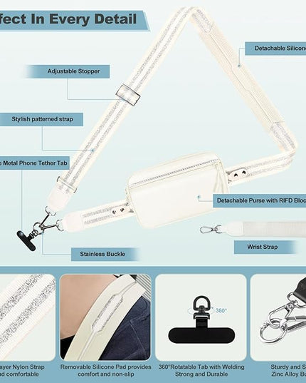 Clip and Go Strap for Phone with Wallet Crossbody, Adjustable Phone Lanyard with Detachable RFID Wristlet Wallet, Pattern Strap - Cream&Silver (L)