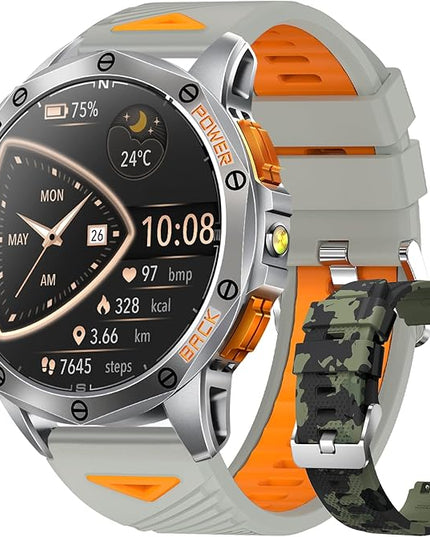 Military Smart Watches Built-in GPS, 170+ Sport Modes for Men with Flashlight, Smartwatch for Android Phones and iPhone, 1.43" AMOLED Screen Bluetooth Call Compass Altimeter (Sivler & Camo (2 Bands))