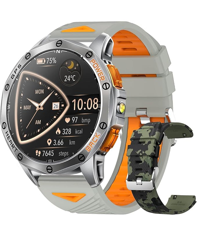 Military Smart Watches Built-in GPS, 170+ Sport Modes for Men with Flashlight, Smartwatch for Android Phones and iPhone, 1.43" AMOLED Screen Bluetooth Call Compass Altimeter (Sivler & Camo (2 Bands))