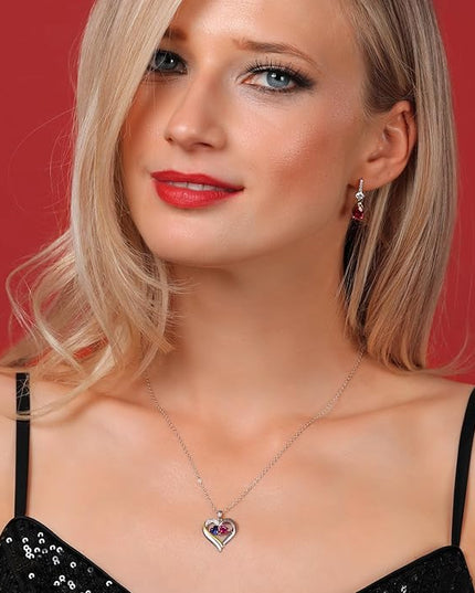 2-Heart Couple Name Engraved Pendant Necklace For Women | 925 Sterling Silver and 10K Yellow Gold | Customized and Personalized | Gemstone Birthstone and Lab Grown Diamond | 18 Inch Silver Chain