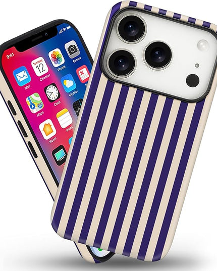 Magnetic for iPhone 17 Pro Case Cute Stripes Phone Case, Shockproof Slim TPU and Hard PC Protective Phone Cover Compatible with MagSafe Designed for Women Girls, Deep Purple