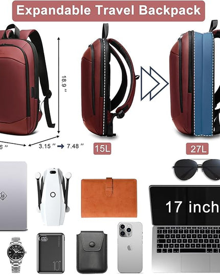 hk Business Backpack for Men 17 Inch,Slim & Expandable Waterproof Travel Laptop Backpack with USB Charger Port (Red)
