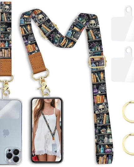 Goth Phone Lanyard Crossbody Strap, Gothic Bookshelf Cell Phone Lanyards for around the Neck Cross Body, Witchy Skull Wristlet Wrist Strap Adjustable for Women Keys Case Accessories Travel Essentials