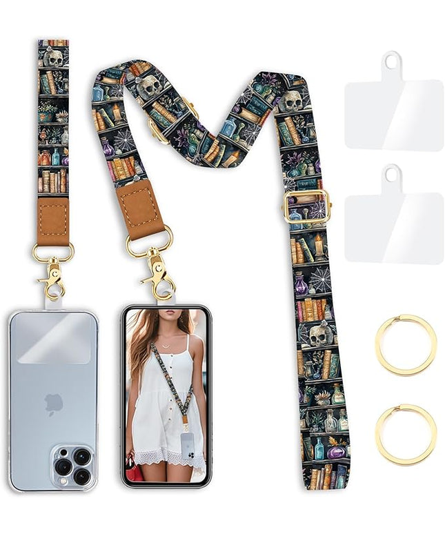Goth Phone Lanyard Crossbody Strap, Gothic Bookshelf Cell Phone Lanyards for around the Neck Cross Body, Witchy Skull Wristlet Wrist Strap Adjustable for Women Keys Case Accessories Travel Essentials