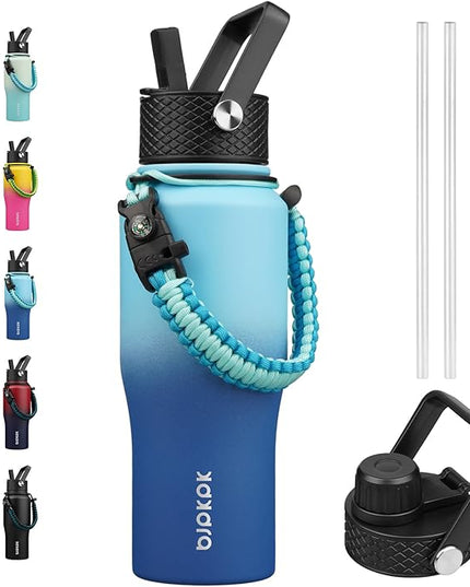 BJPKPK Insulated Water Bottles with Straw Lid, 23oz Metal Water Bottle with 2 lids & Paracord Strap, Double Wall Stainless Steel Vacuum Tumblers, Cups, Mugs, Thermo for Hot& Cold Drinks, Sky