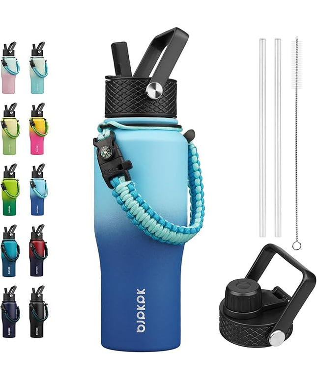 BJPKPK Insulated Water Bottles with Straw Lid, 23oz Metal Water Bottle with 2 lids & Paracord Strap, Double Wall Stainless Steel Vacuum Tumblers, Cups, Mugs, Thermo for Hot& Cold Drinks, Sky