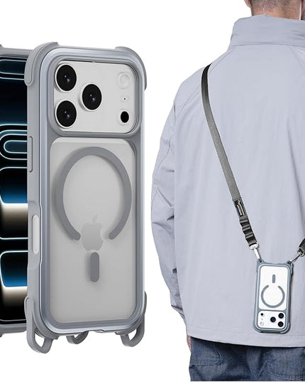 MAGEASY Compatible with iPhone 17 Pro 6.3" Case with Strap - 20ft Ultimate Drop Protection Compatible with MagSafe, Aluminum Frame | Odyssey Strap M (Mist)