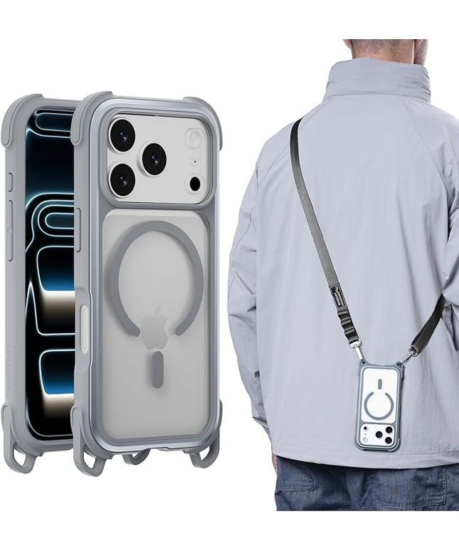 MAGEASY Compatible with iPhone 17 Pro 6.3" Case with Strap - 20ft Ultimate Drop Protection Compatible with MagSafe, Aluminum Frame | Odyssey Strap M (Mist)