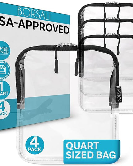 BORSALI TSA Approved Toiletry Bag - Clear Quart Size for 3-1-1 LIquids for Carry On Travel - Toiletries Organizer - Cosmetic Pouch with Zipper - Travel Accessories - 4 Pack