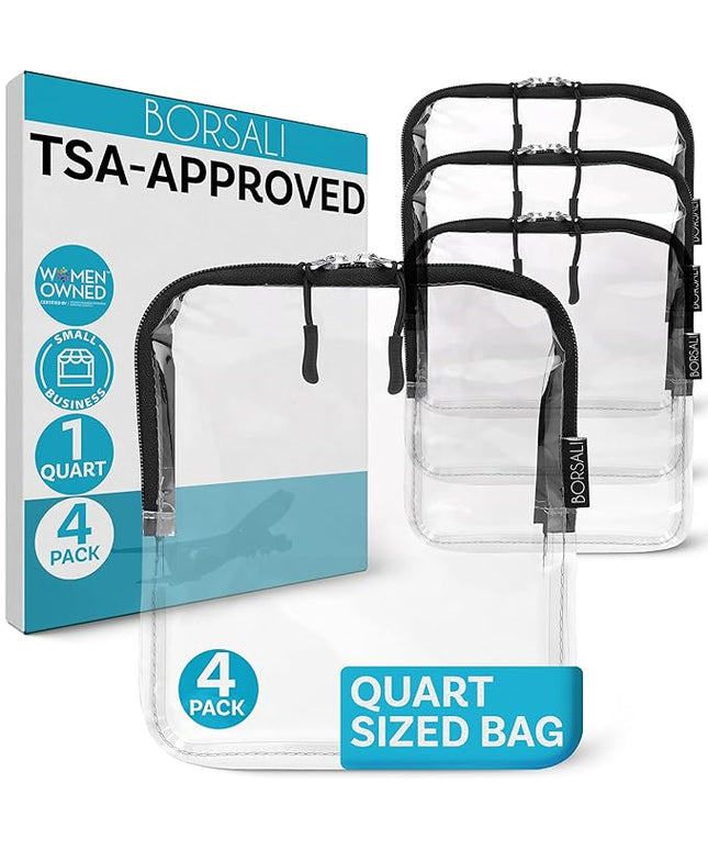BORSALI TSA Approved Toiletry Bag - Clear Quart Size for 3-1-1 LIquids for Carry On Travel - Toiletries Organizer - Cosmetic Pouch with Zipper - Travel Accessories - 4 Pack
