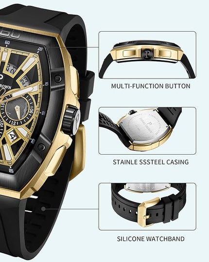 Paras Crown Watches for Men Tonneau 5ATM Waterproof Quartz Luxury Chronograph Analog Men's Wrist Watches Stainless Steel Case Mens Watches