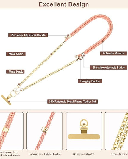 Crossbody Phone Lanyard, Adjustable Multicolor Braided Phone Strap and Phone Chain Strap Combination, Sturdy Metal Buckle and 360° Rotatable Phone Tether Tab, Pink White