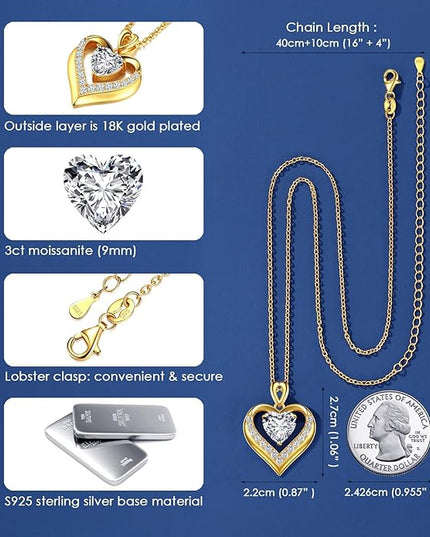Beam & Bask 2-3 Ct Moissanite Double Heart Pendant Necklaces for Wife, 18K Gold Plated S925 Silver Jewelry for Women Girlfriend Mom Her on Anniversary Birthday