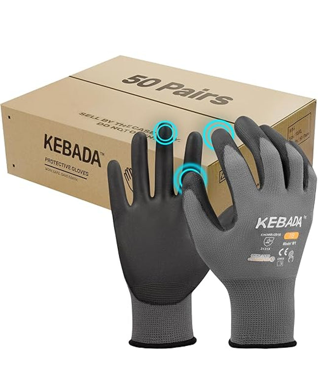 Kebada W1 Work Gloves for Men and Women, Touchscreen PU Coated Gloves with Grip, 50 Pairs Bulk Pack, Ideal for Warehouse Package Handling, Construction, Gardening, Gray X-Large