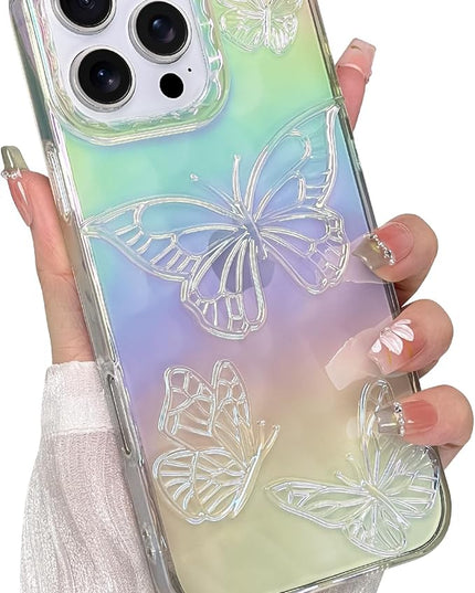 Cute Case for iPhone 16 Pro Case for Women Girls, with 3D Butterflies Pattern Design, Aesthetic Clear Iridescent Glitter Kawaii Girly Rainbow Protective Phone Cover