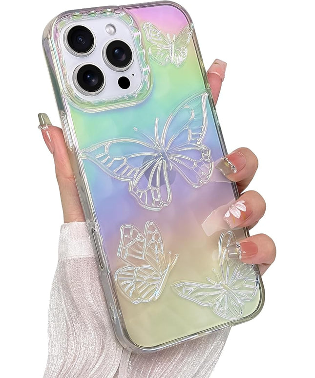 Cute Case for iPhone 16 Pro Case for Women Girls, with 3D Butterflies Pattern Design, Aesthetic Clear Iridescent Glitter Kawaii Girly Rainbow Protective Phone Cover