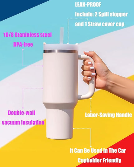 40 oz tumbler with handle and straw,Double Wall Vacuum Reusable Stainless Steel Insulated Water Bottle,With Leak Proof lid and Straw for Iced or Cold Beverages (Glacier)