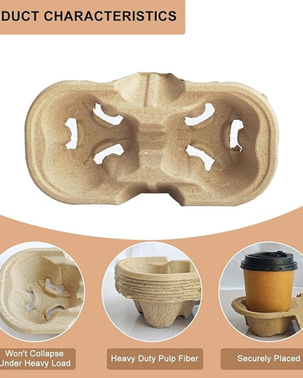 Coffee Cup Holder Disposable Cup Holder Tray, Two Cup Carrier Tray 100 Pack,Biodegradable, Eco-Friendly Drink Carrier For Delivery Of Hot Or Cold Drinks (Two-cup size tray)