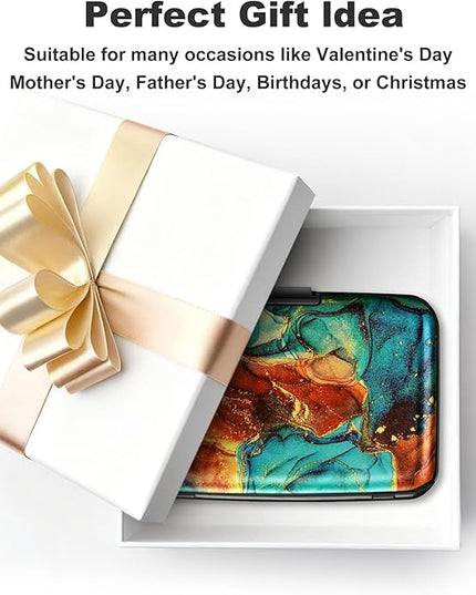 ELFISH Mini RFID Aluminum Wallet Credit Cards Holder Business Card Case Metal ID Case for Men Women（Blue Brown Marble