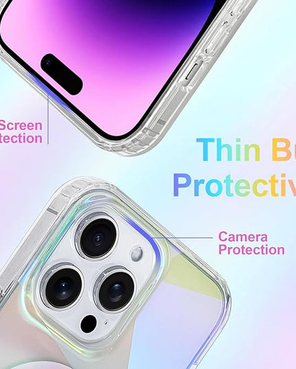 Cute Case for iPhone 14 Pro Max Case for Women Girls [ Compatible with Magsafe ] Clear Glitter Girly Aesthetic Rainbow Sparkly Bling Magnetic Phone Cover, Iridescent Geometry