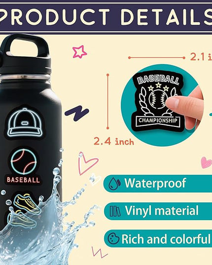 50 PCS Neon Theme Baseball Stickers for Water Bottles, Waterproof Vinyl Sticker for Skateboard Luggage, Sport Baseball Decal for Party Decor Boys Kids Gifts-A08