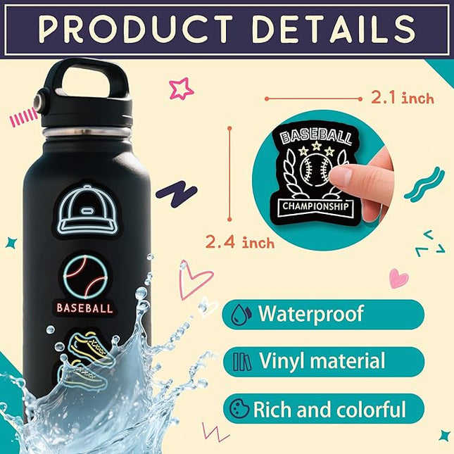50 PCS Neon Theme Baseball Stickers for Water Bottles, Waterproof Vinyl Sticker for Skateboard Luggage, Sport Baseball Decal for Party Decor Boys Kids Gifts-A08
