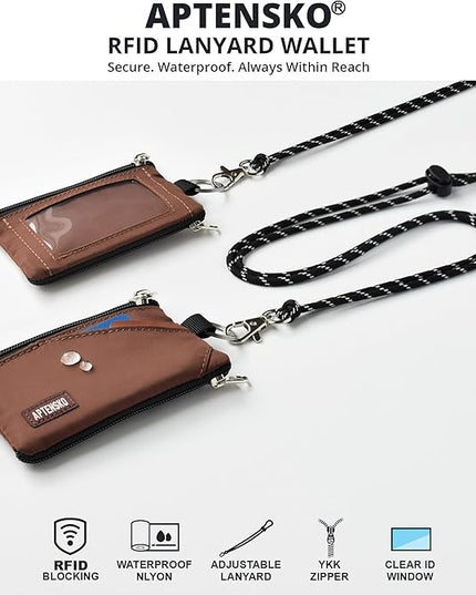 RFID Travel Wallet with Adjustable Lanyard-Zipper Small Wallet with ID Card Holder, Keychain for women&men-Minimalist Slim Waterproof Nylon case for ID, Cash, Key (Coffee)