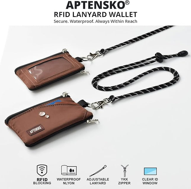 RFID Travel Wallet with Adjustable Lanyard-Zipper Small Wallet with ID Card Holder, Keychain for women&men-Minimalist Slim Waterproof Nylon case for ID, Cash, Key (Coffee)