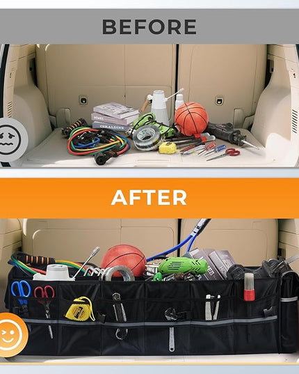 HIRALIY 4 in 1 Car Trunk Storage Organizer with Leakproof Cooler Bag, Made of 1680D Oxford and PP board, Multi-Compartment Foldable Trunk Storage Box for Car Truck SUV