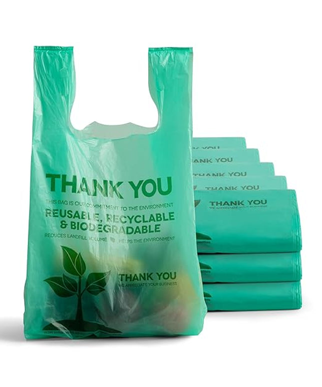 FMP Brands 1000 Count Eco Biodegradable Plastic Grocery Bags with Handles, Reusable Plastic Shopping Bags Bulk for Small Business, Restaurant, Groceries, Supermarket