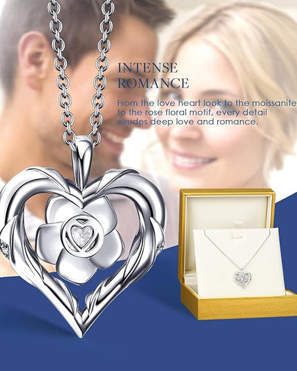 Beam & Bask Rose Flower Heart Moissanite Necklaces for Wife, S925 Silver Pendant for Women, 18K Gold Plated Jewelry for Her Girlfriend Mom for Anniversary Birthday