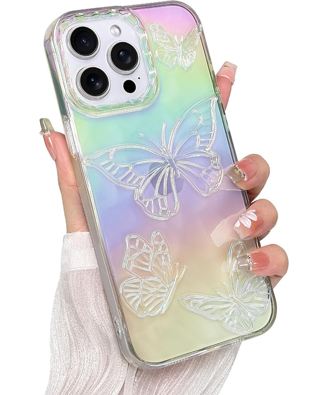 Cute Case for iPhone 13 Pro Case for Women Girls, with 3D Butterflies Pattern Design, Aesthetic Clear Iridescent Glitter Kawaii Girly Rainbow Protective Phone Cover