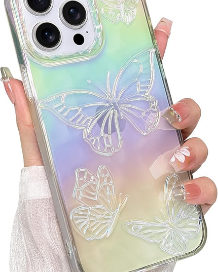 Cute Case for iPhone 12 & 12 Pro Case for Women Girls, with 3D Butterflies Pattern Design, Aesthetic Clear Iridescent Glitter Kawaii Girly Rainbow Protective Phone Cover