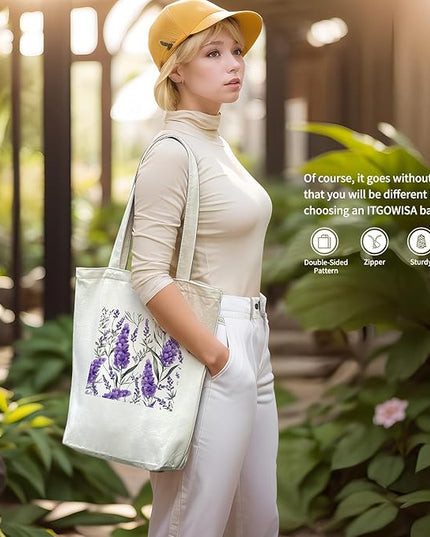 Tote Bag for Women, Reusable Zippered Canvas Bag with Handles Pocket Thick Canvas, for Grocery Shopping Beach Gift