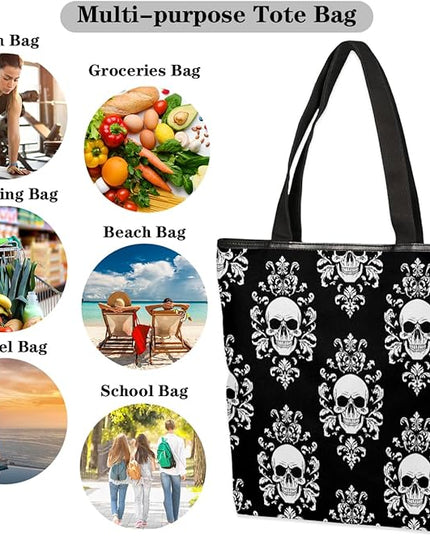Pardick Canvas Tote Bags, Gothic Skull Tote Bag Eco Friendly Reusable Grocery Shopping Bagsfor Beach, Books, Women with Zipper Inner Pocket