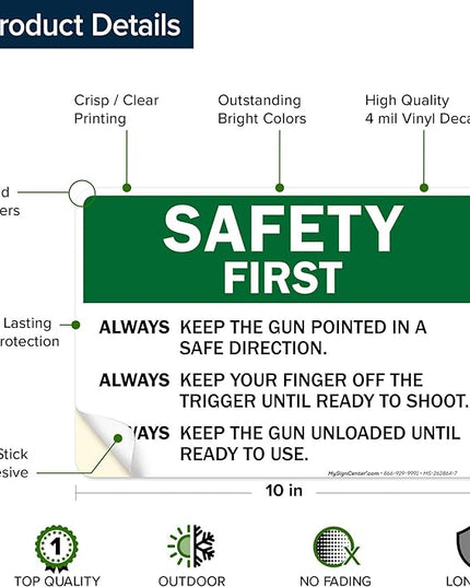 Safety First Always Keep The Gun Pointed In A Safe Direction Sign, 10x7 Inches, 4 Mil Vinyl Decal Stickers Weather Resistant, Made in USA by My Sign Center