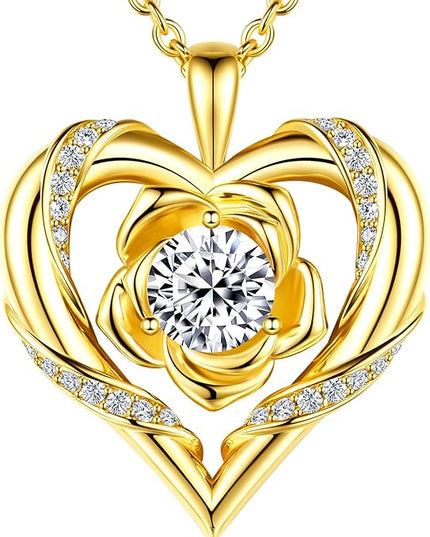 Beam & Bask Rose Flower Heart Moissanite Necklaces for Wife, S925 Silver Pendant for Women, 18K Gold Plated Jewelry for Her Girlfriend Mom for Anniversary Birthday