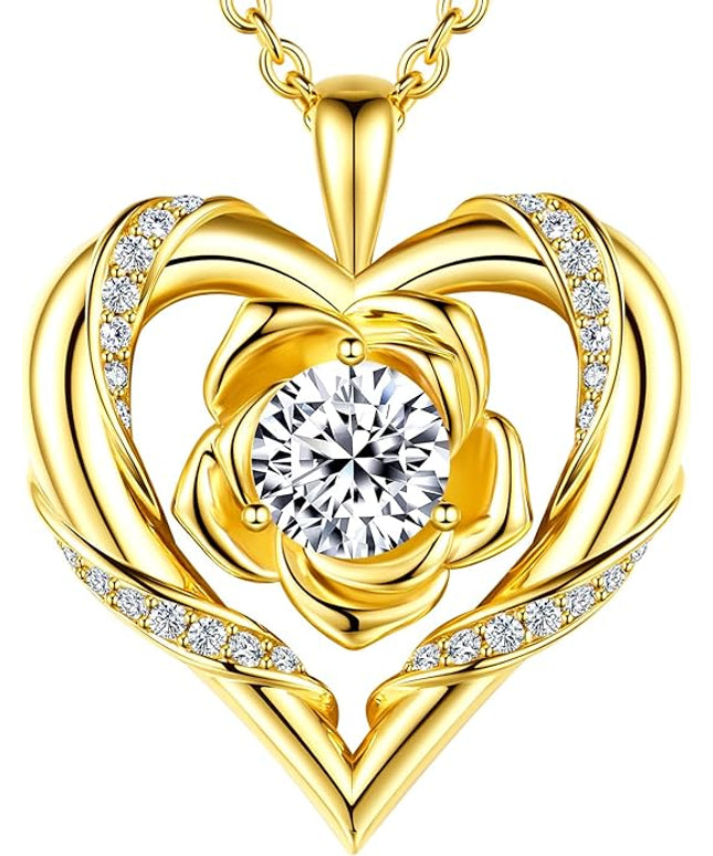 Beam & Bask Rose Flower Heart Moissanite Necklaces for Wife, S925 Silver Pendant for Women, 18K Gold Plated Jewelry for Her Girlfriend Mom for Anniversary Birthday