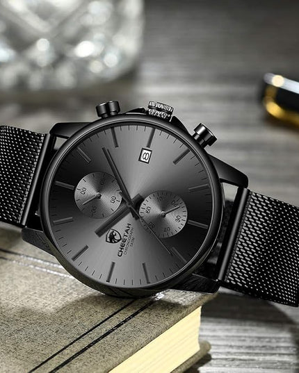 GOLDEN HOUR Mens Watch Fashion Sleek Minimalist Quartz Analog Mesh Stainless Steel Waterproof Chronograph Watches for Men with Auto Date