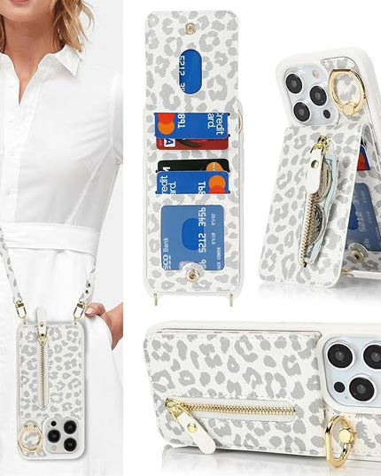 for iPhone 15 Pro Wallet Case with Card Holder, for iPhone 15 Pro Case Wallet with Strap Credit Card Slot, Crossbody Bag with Zipper Case for iPhone15 Pro - White Leopard