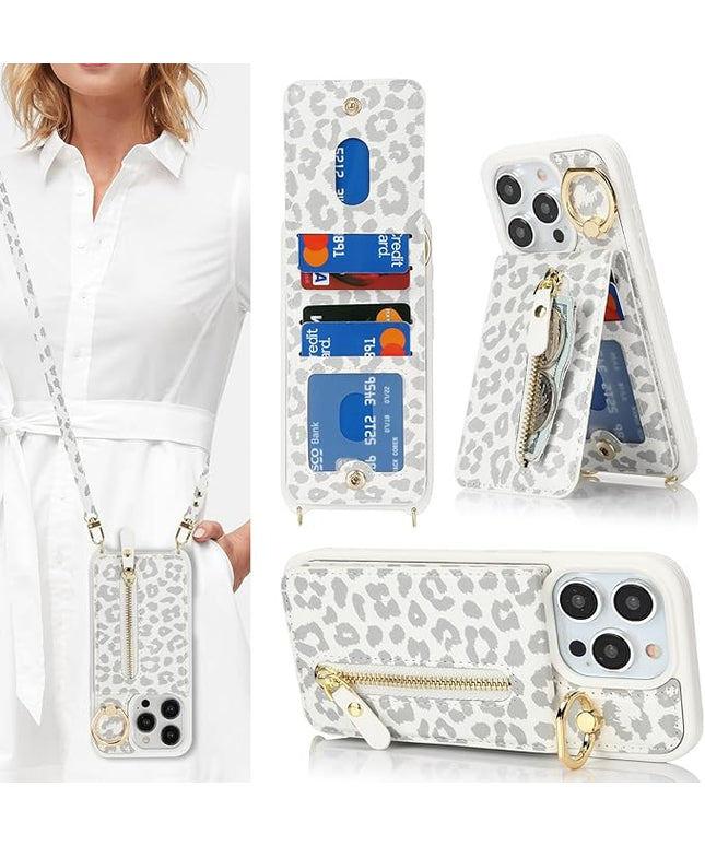 for iPhone 15 Pro Wallet Case with Card Holder, for iPhone 15 Pro Case Wallet with Strap Credit Card Slot, Crossbody Bag with Zipper Case for iPhone15 Pro - White Leopard