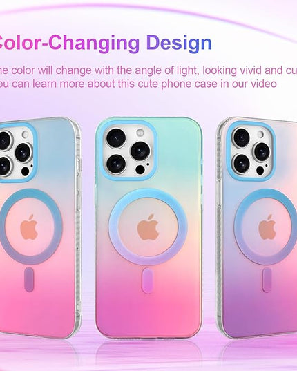 Aesthetic Case for iPhone 12 & 12 Pro Case for Women Girls, Compatible with Magsafe, Cute Girly Trendy Glitter Sparkly Rainbow Magnetic Protective Phone Cover, Matte Iridescent Blue & Pink
